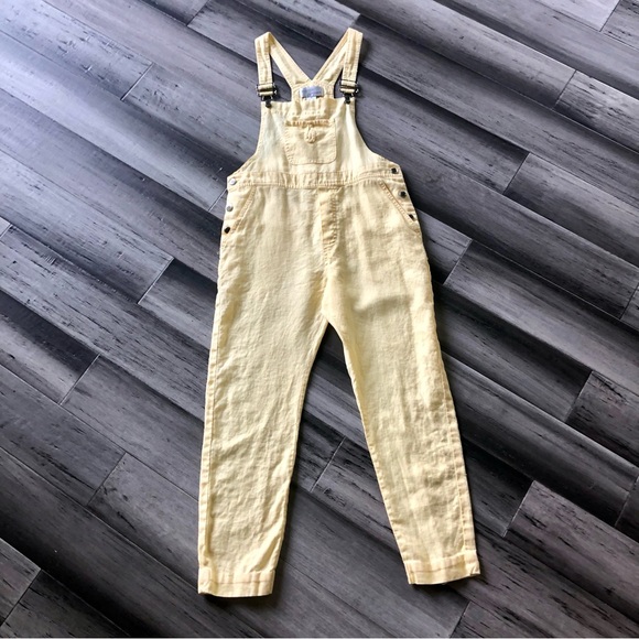 Vintage Y2K Pastel Yellow Linen Cropped Overalls - Picture 2 of 12